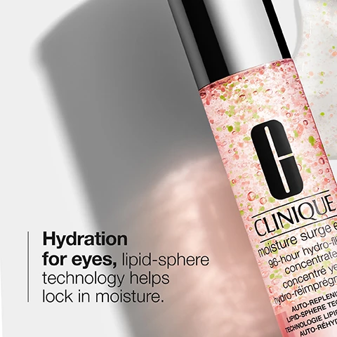 Image 1 - Image of a Clinique moisture product with a pink and clear gel texture in a tall container, featuring the text Hydration for eyes, lipid-sphere technology helps lock in moisture.
Image 2 - An abstract background with small pink and green dots is shown alongside the words hydrate and brighten, each accompanied by a corresponding icon.
Image 3 - A close-up image of a clear glass container beside a softly textured vertical surface, with visible text stating Free of followed by a crossed-out fragrance.