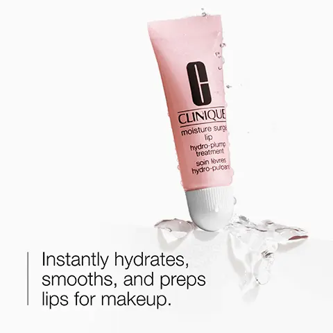 Image 1, CLINIQUE moisture surge lip hydro-plump treatment soin lèvres hydro-pulbart Instantly hydrates, smooths, and preps lips for makeup. Image 2, Shea butter Image 3, hydrate soften Image 4, Free of X fragrance