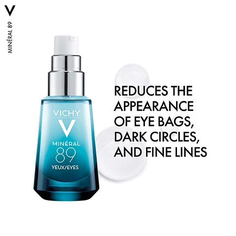 Image 5 - A blue and clear gradient bottle of Vichy Minéral 89 Yeux/Eyes serum with a white pump dispenser stands on a white background beside three dollops of white gel, with text reading V Minéral 89 and Reduces the appearance of eye bags, dark circles, and fine lines. Image 6 - The image is split vertically, with a light blue background on the left featuring numerous transparent bubbles and a textured blue and white surface resembling ice on the right, with a black plus sign in the center, and text overlays that read V MINÉRAL 89, HYALURONIC ACID, CAFFEINE, and DISCOVER THE POWER DUO OF ACTIVES.