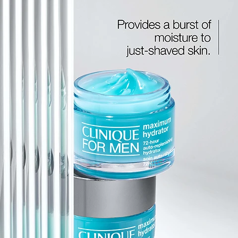 Image 1 - A jar of Clinique for Men Maximum Hydrator with a light blue cream and visible text stating Provides a burst of moisture to just-shaved skin, maximum hydrator, and 72-hour auto-replenishing hydrator.
Image 2 - Two clear plates contain skincare ingredients: one plate features slices of aloe vera and the other contains a glistening gel-like substance labeled hyaluronic acid.
Image 3 - A smooth teal droplet of cream with the word hydrate and two water droplet icons next to it.
Image 4 - Image shows a grey background with a table listing items that are excluded, including two checked boxes for fragrance and oil, along with the heading Free of.