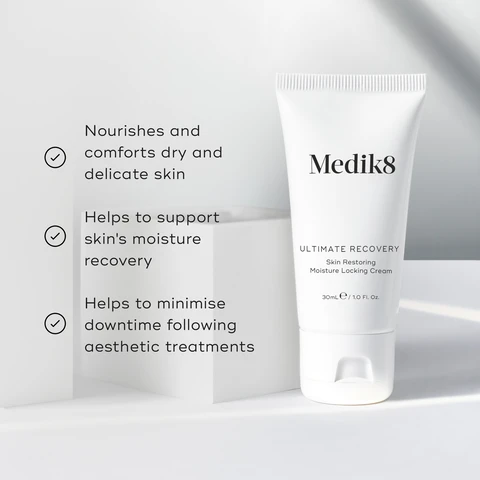 image 1, nourishes and comforts dry and delicate skin. helps to support skin's moisture recovery. helps to minimise downtime following aesthetic treatments. image 2, allantoin - a softening extract that helps to support skin recovery. beta-glucan - helps to support the skin's defence against environmental damage. arnica - works to soothe and calm the most sensitive skin. image 3, AM HOW TO LAYER Mediks Mediks Mediks CLEANSE RESTORE SUNSCREEN Mediks Mediks PM Mediks CLEANSE HYDRATE RESTORE