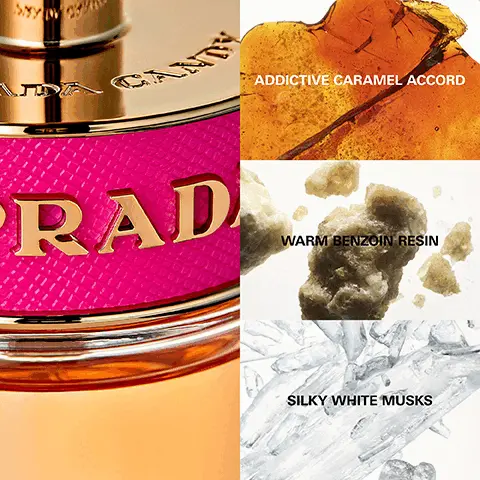 Image 1, additive caramel accord, warm benzoin resin and silky white musks. Image 2, PRADA CANDY EAU DE PARFUM PRADA CANDY KISS RETHINK ADDICTION JOYFUL & WARM RETHINK PASSION LUSCIOUS & POWDERY INTENSITY INTENSITY FRAGRANCE NOTES ADDICTIVE CARAMEL ACCORD WARM BEZOIN RESIN SILKY WHITE MUSKS FRAGRANCE NOTES SPARKLING BERGAMOT LUSCIOUS ORANGE BLOSSOM NOTES POWDERY VANILLA ACCORDS