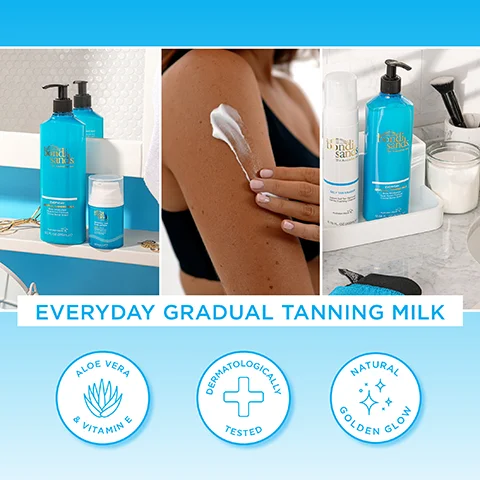 Image 1 - Image shows three bottles of tanning products on a blue background, with a woman applying cream to her arm, and features visible text that reads: EVERYDAY GRADUAL TANNING MILK, ALOE VERA & VITAMIN E, DERMATOLOGICALLY TESTED, and NATURAL GOLDEN GLOW.
