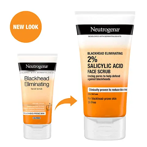 Image 1, New look Image 2, CLINICALLY PROVEN TO HELP ELIMATE BLACKHEADS FROM FIRST USE Neutrogena BLACKHEAD ELIMINATING 2% SALICYLIC ACID FACE SCRUB Beckog pores to help defend $7% noticed less blackheads For blackad O-Fre Image 3, WITH 2% SALICYLIC ACID Image 4, lets make it clear