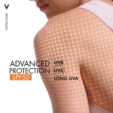 Image 1 - A close-up of a persons shoulder showing a grid pattern overlay with text that reads ADVANCED PROTECTION SPF50 UVB UVA LONG UVA.
Image 2 - A close-up portrait of a woman with brown eyes and light skin, showcasing natural makeup, with the text HYPOALLERGENIC. INVISIBLE FINISH prominently displayed in the center.
Image 3 - A transparent spray bottle of Vichy Capital Soleil SPF 50 sunscreen is shown with a water droplet background, featuring the words ULTRA-LIGHT and ULTRA-FRESH in bold orange text.
Image 4 - A bottle of Vichy Capital Soleil Solar Protective Water SPF 50, with the label emphasizing tan illuminating properties and the inclusion of beta carotene, is shown against a white background.
Image 5 - A light background features two sun protection products: a small white bottle labeled Vichy Capital Soleil UV-Age Daily for face and a larger amber bottle labeled Vichy Capital Soleil Solar Protective Water for body, along with the text Advanced UV Protection.