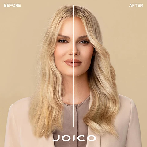 Image 2 - Before and after split image of a woman with long blonde hair showing the left side labeled BEFORE with duller hair and the right side labeled AFTER with smoother shinier hair with visible text BEFORE AFTER JOICO. Image 3 - A silver tube of Joico Blonde Life Brightening Conditioner is shown with text reading BRIGHTENING CONDITIONER for all blondes Deeply nourishes all blondes even bleached, processed or highlifted without weighing it down Instantly detangles with exceptional shine JOICO BLONDE LIFE BRIGHTENING CONDITIONER for illuminating hydration & softness REVITALISANT RAVIVANT pour une hydratation illuminante et de la douceur ACONDICIONADOR ALTO BRILLO para una hidratación iluminante y suave SmartRelease 250 ml / 8.5 fl oz. Image 4 - A tube of Joico Blonde Life Brightening Conditioner is shown with ingredients around it including powder, liquid gel, white cream, coconut, and a flower, along with text reading JOICO BLONDE LIFE BRIGHTENING CONDITIONER for illuminating hydration & softness REVITALISANT RAVIVANT pour une hydratation illuminante et de la douceur ACONDICIONADOR ALTO BRILLO para una hidratación iluminante y suave SmartRelease 250 ml / 8.5 fl oz Arginine: Products containing this amino acid help protect hair and rebuild it from the inside out. Monoi oil: Helps fight frizz, boosts shine & protects against environmental damage. Tamanu oil: Packed with fortifying omegas. Helps deeply hydrate, boosts shine & banishes brittleness. Image 5 - Image shows four steps for the Blondelife Blonde Strong hair routine with products for each step and text labels. BLONDELIFE BLONDE STRONG ROUTINE STEP 1: SHAMPOO STEP 2: CONDITION / TREAT OR STEP 3: TREAT STEP 4: TREAT. Image 7 - Three Joico Blonde Life Brightening Shampoo, Brightening Conditioner, and Brightening Masque products are displayed on beige platforms under the text Keep your blonde bright & perfectly on-tone.