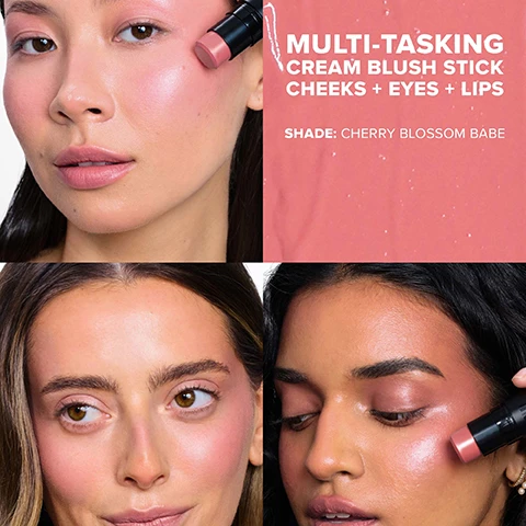 Image 1 - Image shows three women demonstrating the application of a cream blush stick on their cheeks; visible text includes MULTI-TASKING CREAM BLUSH STICK CHEEKS + EYES + LIPS SHADE: CHERRY BLOSSOM BABE.
Image 2 - Close-up of a models face showcasing steps for applying makeup, with descriptions for cheeks, eyes, and lips on the left side and visible text reading EASY STRIPE, BLEND, GO.
Image 3 - A stacked arrangement of cylindrical makeup containers in various colors with accompanying descriptions that highlight their benefits, including locks in hydration, moisturizing and natural antioxidant properties, skin-brightening effects, and a note about the emollient-rich complex, with visible text reading SKIN-LOVING MAKEUP THATS ALL YOU and details about the ingredients.
Image 4 - Image shows two arms displaying swatches of various lip colors in different shades, labeled from top to bottom as follows: Lilac Love, Bohemian Rose, Rusty Rouge, Crimson Lover, Poppy Girl, Cherry Blossom Babe, Tiger Lily Queen, Sweet Peach Peony, and Sweet Cheeks.
Image 5 - Image of several NUDESTIX makeup products with a focus on the Juicy Plump Cheeks line, featuring text that highlights features such as Easy to Blend, Long Wearing, and Fresh Color Payoff.
Image 6 - Image shows a series of cream blush swatches divided into two sections: the left side labeled BOLD BLUSH REDS / BROWNS features shades named Sweet Cheeks, Poppy Girl, Rusty Rouge, and Crimson Lover, while the right side labeled NATURAL BLUSH CORALS / PINKS / LILAC includes shades named Sweet Peach Peony, Tiger Lily Queen, Cherry Blossom Babe, Bohemian Rose, and Lilac Love.
Image 7 - A black tin container with a mirror lid holds a NUDESTIX all-over face color stick; visible text promotes reusing and recycling the tin and provides suggestions for storage alternatives.