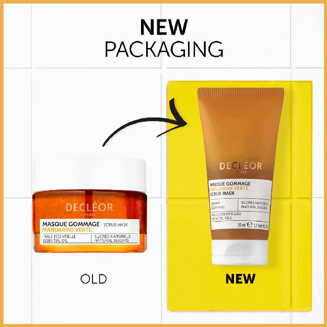 Image 1, new packaging. Image 2, proven skin efficacy. Image 3, expert tips to apply green mandarin scrub, apply onto cleansed skin with dry fingers, leave on for 3-5 minutes and then massage before rinsing, avoid lip and eye contours. In case of contact with eyes rinse immediately and thoroughly. Image 4, green mandarin. Image 5, glowing routine. Image 6, energised-looking skin day and night