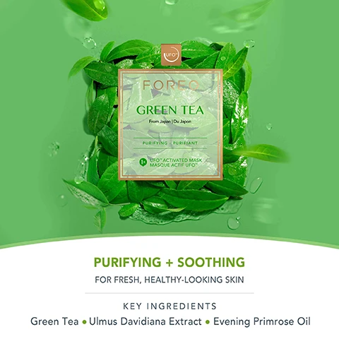 Image 1, purifying and soothing. for fresh, healthy looking skin. key ingredients. green tea, ulmus davidiana extract, evening primrose oil. image 2, ideal for oily skin prone to blemishes. dull skin tone. skin irritated by environmental stressors. image 3, nutrient rich formulas. plant based ingredients. for all skin types. dermatologist tested. vegan. image 4, hydrocell material - natural seaweed and cotton cellulose. biodegradable and eco friendly - 100% plant fibers that naturally decompose. highly absorbent - supersaturated to deliver maximum essence to skin. extra gentle - feels a gel like cushion that effortlessly glides across skin. image 5, deeply nourish, depuff and brighten, minimize fine lines in just one week. based on a 28 day clinical testing on 32 female subjects aged 18-35. image 6, clinical results. 126% of consumers reported higher skin moisture levels in just 2 minutes. more effective than a sheet mask alone in just 2 minutes. based on 28 day clinical testing on 24 female subjects aged 18-35