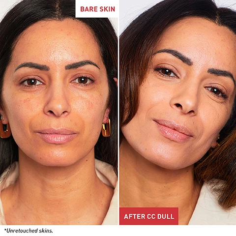 Image 1 - A woman with medium-toned skin is shown in two images side by side, one on the left labeled BARE SKIN displaying her natural face and one on the right labeled AFTER CC DULL showing her with makeup that enhances her complexion; a note at the bottom states Unretouched skins.
Image 2 - A skincare product tube labeled Erborian CC Dull Correct is shown with bullet points highlighting its features: Violet pigments counteract yellow undertones, Centella Asiatica soothes and moisturizes, luminous lightweight finish, protects skin with SPF 25.
Image 3 - A tube of Erborian CC Dull Correct cream is centered on a soft, pastel-colored background with various design elements, alongside descriptions of its benefits, including violet encapsulated pigments that neutralize yellow tones, Centella Asiatica which soothes the skin, and SPF 25 for protection, with the visible text stating FORMULATED BY KOREAN EXPERTS.
Image 4 - An infographic comparing four types of CC creams, featuring tubes labeled CC Classic, CC Water, CC Red Correct, and CC Dull Correct, with descriptions of their benefits, including light coverage, ultra-light coverage, and more, along with text on their suitability for different skin tones.