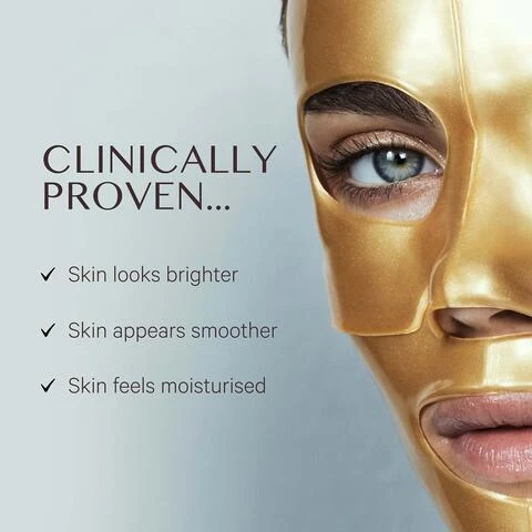 Image 1 - A person wears a gold face mask that covers most of their face, with one eye and part of their mouth visible, next to text that reads: CLINICALLY PROVEN... Skin looks brighter, Skin appears smoother, Skin feels moisturised. Image 2 - A golden face mask is unfolded on a white marble surface, next to text that reads: 100% agree skin appears brighter and more vibrant after use; 100% agree skin is smoother and more refined after use; 100% agree skin being mositurised and not too tight after use; *Self-assessment after 1 month trial, with usage twice a week. Image 3 - A gold face mask with cutouts for eyes and mouth is displayed on a light pink background, surrounded by white boxes detailing its ingredients and benefits: NIACINAMIDE Helps reduce inflammation, COLLAGEN Helps support elasticity & firmness, HYALURONIC ACID Helps long-term hydration, VITAMIN C Helps improves pigmentation, NANO GOLD PARTICLES Helps brighten & shield from free radicals, and ALOE VERA Helps hydration.