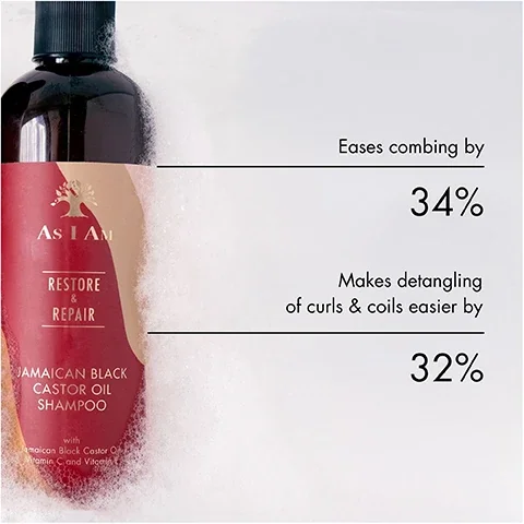 A bottle of As I Am Jamaican Black Castor Oil Shampoo is shown with foam around it, indicating its usage, alongside text claiming it eases combing by 34% and makes detangling of curls and coils easier by 32%.