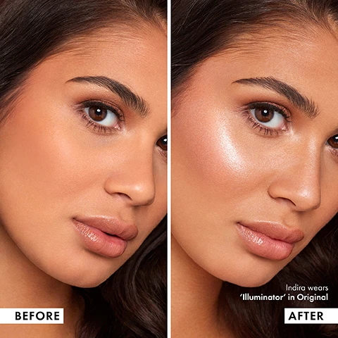 Image 1 - Image shows a side-by-side comparison of a womans face before and after makeup application, with the left labeled BEFORE and the right labeled AFTER, and visible text stating Indira wears Illuminator in Original.
Image 2 - An image featuring a bottle of ICONIC London Illuminator with a gold background, alongside three portraits of women showcasing different makeup looks labeled as Original, Blush, and Glow.
Image 3 - Image shows two arms displayed side by side with swatches of highlighter in different shades labeled as Shine, Original, Blush, and Glow.