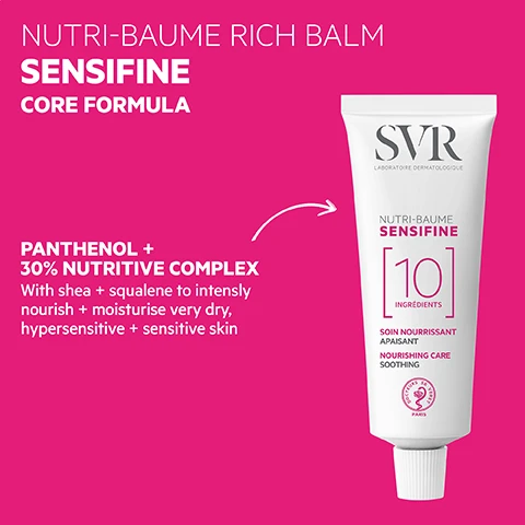 Image 1, core formula. panthenol and 30% nutritive complex - with shea and squalane to intensly nourish and moisturise very dry, hypersensitive and sensitive skin. image 2, how to use = apply morning and evening to clean, dry face and neck. excellent makeup primer. image 3, proven efficacy tested on hypersensitive and poly allergenic skin. reduces discomfort by 65% with 1 application. 100% said the product soothes the skin. 100% said the product intensely nourishes the skin. eco responsible - endlessly recyclable aluminium packaging. minimalist formula, 10 essential ingredients. optimal tolerance - physiological ph, non comedogenic, hypoallergenic, fragrance free. texture - melt in balm, rich and creamy.