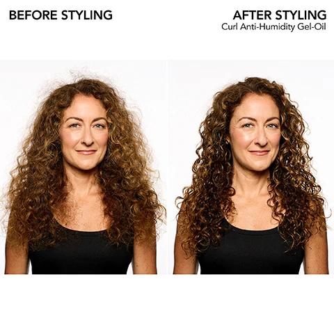 Image 1 - Image shows a woman with curly hair, on the left labeled BEFORE STYLING with frizzy curls, and on the right labeled AFTER STYLING displaying defined curls; visible text includes Curl Anti-Humidity Gel-Oil.
Image 2 - A woman with curly hair is shown in two images side by side: on the left, her hair is frizzy with voluminous curls labeled BEFORE STYLING, and on the right, her hair appears defined and shiny labeled AFTER STYLING with the product name Curl Anti-Humidity Gel-Oil.
Image 3 - Image shows a purple background with the text Bb.Curl at the top. Below is a description of a curl collection enhanced with various oils and butters to moisturize hair, featuring icons and names of ingredients: Jojoba Oil, Avocado Oil, Coconut Oil, Cocoa Butter, and Shea Butter.
Image 4 - A tube of Bumble and bumble Bb Curl Anti-Humidity Gel-Oil with a purple and white design surrounded by icons representing benefits such as reduces frizz, holds, replenishes, leaves hair shiny, humidity protection, and UV filters, with text detailing its use for nourishing and defining curls.