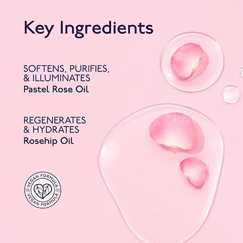 Image 1 - A pink background displays clear liquid droplets with pink rose petals, alongside text that reads Key Ingredients, SOFTENS, PURIFIES, & ILLUMINATES, Pastel Rose Oil, REGENERATES & HYDRATES, Rosehip Oil, and a circular logo stating VEGAN FORMULA. Image 2 - A By Terry Baume de Rose Biphase Makeup Remover bottle containing clear and pink liquid is displayed against a white and light pink watery background with descriptive text callouts: SHAKE-TO-ACTIVATE formula, MELTS AWAY waterproof makeup, NON-GREASY, soft finish, ROSE SCENTED, and HYDRATES with rose oils.