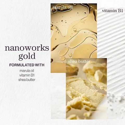 Image 1 - Image shows a product advertisement titled nanoworks gold featuring three components: an image of golden marula oil with the text marula oil, an image of shea butter with the text shea butter, and the words formulated with marula oil, vitamin B1, shea butter in smaller text.
Image 2 - Image of a customer review featuring five stars and a quote about a hair product stating it is amazing and leaves dehydrated hair feeling silky smooth, labeled as a Lookfantastic verified customer review.
Image 3 - A light, creamy background features a quote stating that the luxurious formula is full of powerful antioxidants and proteins to keep your hair feeling soft, supple and moisturised, attributed to Neil Moodie, Pureology UK Ambassador, with the words pro favourite prominently displayed.
Image 4 - A collage featuring three images of ingredients: a close-up of a dewy pear, vanilla pods, and a ylang ylang flower, with text that reads nanoworks gold long days, cool nights with notes of dewy pear ylang ylang vanilla.
Image 5 - Image shows information about hair care products featuring three key points: vegan formulas sulfate-free for a gentle cleanse, recycled bottles made from post-consumer recycled materials, and up to 80+ washes in one bottle with highly concentrated formulas requiring less water, along with small icons representing each point.
Image 6 - A flat lay image featuring a light yellow liquid labeled MARULA OIL above a round piece of shea butter labeled SHEA BUTTER and KERAVIS nearby, set against a neutral background.