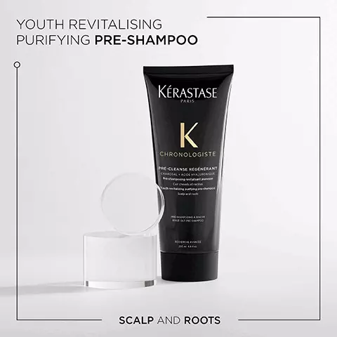 Youth revitalising purifying pre-shampoo. Scalp and roots. Chronologiste- restores and adds shine- instrumental test chronologiste bain regenerant and regenerant intense masque. Acido, IA, Luronico, Abyssin, E, Vitmaina, E.