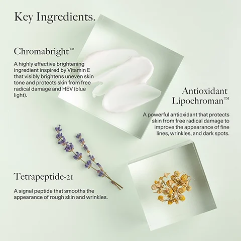 Image 1 - Image shows key ingredients with three sections: a smooth white cream labeled Chromabright™, a cluster of lavender and a description stating it is a highly effective brightening ingredient inspired by Vitamin E, an Antioxidant Lipochroman™ section with golden flower petals and a description stating it protects skin from free radical damage, and a section for Tetrapeptide-21 with a yellow flower and a description stating it smooths the appearance of rough skin and wrinkles.