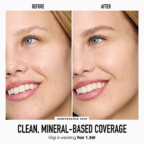 Image 1 - A split-screen shows a womans face before and after using a product, with text captions including BEFORE, AFTER, UNRETOUCHED SKIN, CLEAN, MINERAL-BASED COVERAGE, and Gigi is wearing Fair 1.5W. Image 2 - Four arms with varying skin tones show swatches of bareMinerals Original Liquid Mineral Concealer in shades Very Fair 0.5C, Very Fair 0.5N, Fair 1W, Fair 1.5W, Fair 1N, Light 2C, Light/Medium 2.5N, Light/Medium 2.5W, Medium 3N, Medium Tan 3.5C, Medium Tan 3.5N, Medium Tan 3.5W, Tan 4N, Tan 4W, Dark 5C, Dark 5N, Dark 5W, Dark/Deep 5.5C, Deep 6C, and Deep 6N. Image 3 - The image shows before and after comparisons for four skin issues with text labels IDEAL FOR ALL SKIN TYPES, REDNESS, DISCOLORATION, DARK CIRCLES, ACNE. Image 4 - Image shows Bare Minerals Original Liquid Mineral Concealer tubes and swatches in various shades, with text that reads 100% agree it instantly blurs imperfections around eyes, 100% agree it instantly covers dark circles, 93% agree it smooths the skin under eyes over time, Based on an independent consumer test, bareMinerals ORIGINAL LIQUID MINERAL CONCEALER CORRECTEUR MINÉRAL LIQUIDE. Image 5 - Image displaying a bareMinerals 4-step makeup routine with products and text descriptions. Text reads: THE ORIGINAL CLEAN ROUTINE New STEP 1 PRIME TIME® ORIGINAL FOUNDATION PRIMER Prep skin for makeup, leaving a natural filtered effect. bareMinerals PRIME TIME. STEP 2 ORIGINAL LIQUID MINERAL CONCEALER Instantly smooth and perfect skin tone and texture*. *Based on an independent consumer test. bareMinerals ORIGINAL LIQUID MINERAL CONCEALER LIQUIDE. STEP 3 ORIGINAL LOOSE POWDER FOUNDATION Build coverage with a lightweight formula. bareMinerals ORIGINAL. STEP 4 ORIGINAL MINERAL VEIL® 24HR NATURAL MATTE SETTING SPRAY Set makeup with hydrated 24HR matte wear**. **Based on an independent clinical study with 30 people. bareMinerals ORIGINAL MINERAL VEIL. Image 6 - A grid displays Original Liquid Mineral Concealer shades on different skin tones organized by intensity and undertone with visible text ORIGINAL LIQUID MINERAL CONCEALER COOL NEUTRAL WARM FAIR VERY FAIR 0.5C LIGHT LIGHT 2C MEDIUM MEDIUM TAN 3.5C DARK DARK 5C DARK/DEEP 5.5C DEEP DEEP 6C VERY FAIR 0.5N FAIR 1N LIGHT/MEDIUM 2.5N MEDIUM 3N MEDIUM TAN 3.5N TAN 4N FAIR 1W FAIR 1.5W LIGHT/MEDIUM 2.5W MEDIUM TAN 3.5W TAN 4W DARK 5W and steps Step 1: Find your intensity Step 2: Determine your undertone Step 3: Get your perfect shade.