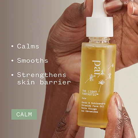 Image 1 - A person is holding a bottle of facial oil with a white pump top, and visible text on the left lists benefits: Calms, Smooths, Strengthens skin barrier, while the bottle is labeled THE LIGHT FANTASTIC Calm Cacao & Schisandra Ceramide Face Oil.
Image 2 - A person with curly hair touches their neck while holding a clear bottle of face oil; the image includes text stating 74% said it had a soothing effect on skin and features logos for organic and vegan certifications along with a disclaimer about a study.