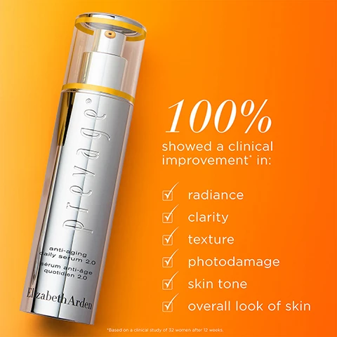 Image 1 - An image of a silver serum bottle against an orange gradient background, with text highlighting that 100% of participants showed a clinical improvement in radiance, clarity, texture, photodamage, skin tone, and overall look of skin, from a study by Elizabeth Arden.
Image 2 - Image shows two translucent skin care gel capsules on a white background, with text indicating effectiveness: in just 2 weeks, 95% saw more refined texture, 93% saw younger, more youthful-looking skin, and 98% saw improvement in appearance of skin.
Image 3 - Image features a vibrant orange powder splatter with the text packed with the power of IDEBENONE the single most powerful antioxidant & boosted with 10 NEW INGREDIENTS.
Image 4 - An abstract swirl of orange dots with the text PROTECTS against environmental aggressors, CORRECTS visible signs of aging, and PERFECTS skin for a youthful glow.