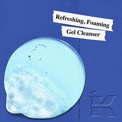 Image 1 - A swatch of light blue gel with white foam is visible on a deep blue background with an embossed K logo, along with text on torn paper strips that reads Refreshing, Foaming Gel Cleanser. Image 2 - A blue bottle of Kiehls Facial Fuel Energizing Face Wash is displayed on a blue background with text stating INVIGORATES DULL SKIN and Effectively Removes Debris, Dirt & Oil, while the bottle label reads Kiehls Facial Fuel Energizing Face Wash Gel Cleanser For Men, 8.4 fl. oz. - 250 ml. Image 3 - A blue background with a torn edge separating text from images of chestnuts, a mint leaf, and a caffeine molecule, displaying the text Our Formula With: Chestnut Extract, Menthol, Caffeine.