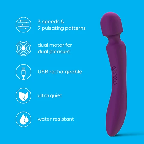 Image 1 - A purple vibrator standing upright against a bright blue background, with icons and descriptive text indicating 3 speeds & 7 pulsating patterns, dual motor for dual pleasure, USB rechargeable, ultra quiet, and water resistant.
Image 2 - An image of a purple wand vibrator is shown against a bright blue background, accompanied by the text 3 Speeds & 7 patterns Both ends of the wand have 3 speeds and 7 patterns for a variety of fun.
Image 3 - A person holds a purple double-ended wand massager with a smooth design on a bright blue background, and the image includes the text Dual motor & pleasure Take your pick, the double ended wand has an internal & external massager.
Image 4 - A purple vibrator is shown against a light blue background with sound wave graphics, and the text reads Ultra quiet The quiet vibe ensures discretion when needed.
Image 5 - A purple vibrator positioned against a bright blue background, with a USB charging cable attached, and the text USB rechargeable Dont let the pleasure stop, with easy USB recharging... displayed above the product.
