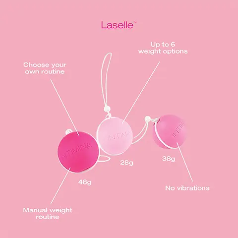 Image 1, Laselle, Choose your own routine, up to 6 weight options, manual weight routine and no vibrations. Image 2, Empower your pelvic floor, easy and safe resistance training for the pelvic floor to build strength and tone fast. Combine the weights for up to six workout options. Image 3, 28g, 38g,48g, up to 6 weight combinations and easy removal string. Image 4, 1 choose, 2 insert, 3 placement and 4 train.