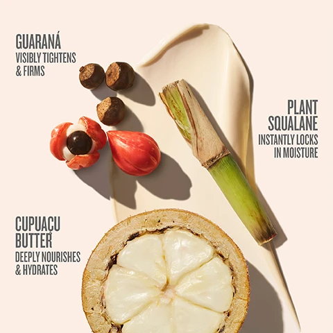 Image 3 - The image displays a creamy white smear with various natural ingredients for skincare, including three guarana seeds, one opened red guarana fruit with white pulp and a black seed, another whole red guarana fruit, a green and brown plant stalk, and a cross-section of a cupuaçu fruit with white segmented pulp, accompanied by the text: GUARANÁ VISIBLY TIGHTENS & FIRMS, PLANT SQUALANE INSTANTLY LOCKS IN MOISTURE, CUPUAÇU BUTTER DEEPLY NOURISHES & HYDRATES. Image 4 - A vibrant image of three Sol de Janeiro cosmetic products against a bright blue sky, showing a white pump bottle of Bum Bum Body Firmeza Oil stacked on an orange jar of Brazilian Bum Bum Cream, with a tall orange spray bottle of Cheirosa 62 Perfume Mist beside them; text on the image reads DEEPLY NOURISH & DEPUFF, SOL DE JANEIRO BUM BUM BODY FIRMEZA OIL * 3.4 fl oz / 100 mL e, SPRITZ ON A SUNNY SCENT, VISIBLY TIGHTEN & FIRM, SOL DE JANEIRO ...... BRAZILIAN BUM BUM CREAM ® & Tightens, Fast Absorbing ® Raffermit visiblement, sabsorbe rapidement, SOL DE JANEIRO FRAGRANCE - CHEIROSA - 62 * PERFUME MIST BRUME PARFUMÉE *, Full-size products shown. Set includes mini sizes. Image 5 - The image shows a vertical stack of four Sol de Janeiro body cream jars: a coral Bom Dia Bright Cream, a pink Beija Flor Elasti-Cream, a yellow Brazilian Bum Bum Cream, and a purple Delicia Drench Body Butter, next to text that reads nourish SKIN WITH BENEFIT-PACKED BODY CREAM, visibly brightens, boosts collagen* Based on a nine-day clinical ex vivo study vs. control, visibly tightens, and replenishes skins barrier.