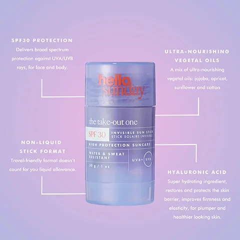 Image 3 - An image of a sunscreen stick product called the take-out one by hello sunday, featuring a purple background and the product packaging prominently displayed, with text highlighting its features, including SPF 30 protection, non-liquid stick format, ultra-nourishing vegetal oils, and hyaluronic acid.