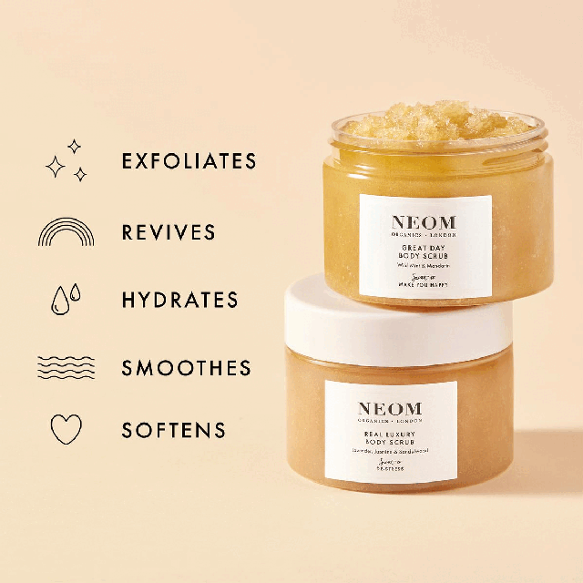 Image 1, exfoliates, revives, hydrates, smoothes and softens. Image 2, smooth, moisturised and divine-smelling skin with long-lasting results. Image 3, organic sugar and jojoba oil, rich in vitamin E, 100% natural fragrance, 5 star rated. Image 4, lavendar, jasmine and sandalwood