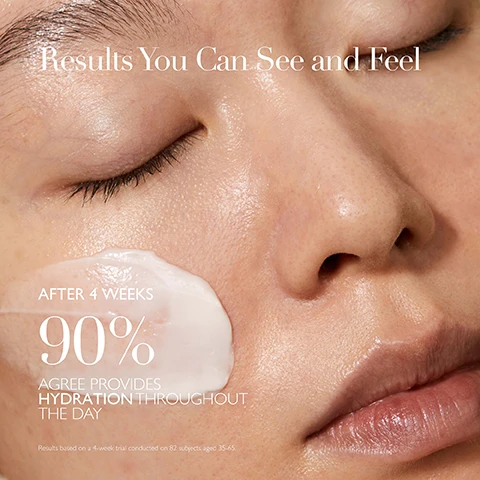 Image 1 - Close-up of a persons face with a white moisturizing cream applied to their cheek, featuring text that reads Results You Can See and Feel, After 4 Weeks, 90% Agree Provides Hydration Throughout the Day, and a note about results from a trial with 82 subjects aged 35-65.
Image 2 - Image features a light blue background with the title Science Backed Ingredients at the top, followed by three sections, each containing a microalgae ingredient: Green Microalgae, Brown Microalgae, and Marine Plankton Extract, each with descriptive text detailing their benefits, and the phrase Powered by The Healing Concentrate at the bottom.