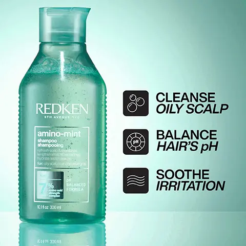 Image 1 - A clear bottle of Redken Amino-Mint shampoo with a turquoise liquid, featuring labels that state Cleanse Oily Scalp, Balance Hairs pH, and Soothe Irritation.
Image 2 - A bottle of Redken amino-mint shampoo is displayed next to a beaker containing mint leaves, with text highlighting “Amino Acid Strength Complex,” “Formulated with Mint,” and “pH Balanced Formula.”
Image 3 - A green bottle of Redken Amino-Mint shampoo is shown against a light blue background, accompanied by a small dish of mint leaves; the text reads REMOVES BUILDUP and COMBATS OILY SCALP.
Image 4 - Image shows a side-by-side comparison of a persons hair before and after using Amino Mint Shampoo, with the top half labeled BEFORE showing flat hair and the bottom half labeled AFTER ONE USE OF AMINO MINT SHAMPOO depicting fuller, more voluminous hair.
Image 5 - Image of a bottle of Redken Amino-Mint shampoo labeled as Miracle Shampoo, featuring five stars for a rating, with a customer review stating it is a game changer for greasy hair and oily scalp, noting a significant difference from the first use.