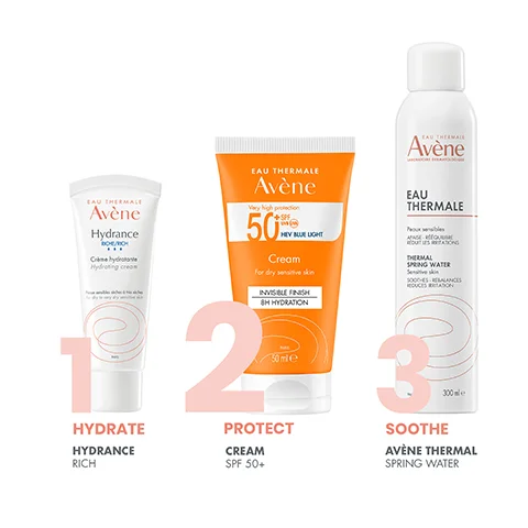 Image 1 - Three skincare products from Avène are displayed: a hydrating cream labeled Hydrance Rich, a protective cream labeled SPF 50+, and a soothing thermal spring water spray, with the numbers 1, 2, and 3 indicating their order for hydration, protection, and soothing.