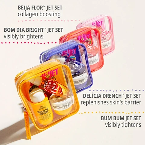 Image 2 - The image shows four clear rectangular cosmetic pouches, colored yellow, blue, red, and pink, arranged diagonally on a light background, each containing travel-sized Sol de Janeiro beauty products; visible text includes BEIJA FLOR™ JET SET collagen boosting, BOM DIA BRIGHT™ JET SET visibly brightens, DELÍCIA DRENCH™ JET SET replenishes skin’s barrier, BUM BUM JET SET visibly tightens, and product labels such as SOL DE JANEIRO BRAZILIAN PLAY BODY WASH, SOL DE JANEIRO BRAZILIAN BUM BUM CREAM, SOL DE JANEIRO BRAZILIAN CRUSH PERFUME MIST, SOL DE JANEIRO DELÍCIA DRENCH BODY FRAGRANCE, DELÍCIA DRENCH BODY BUTTER, SOL DE JANEIRO BOM DIA BRIGHT FRAGRANCE MIST, BOM DIA BRIGHT CREAM, SOL DE JANEIRO BEIJA FLOR BODY FRAGRANCE MIST, and BEIJA FLOR ELASTI-CREAM.