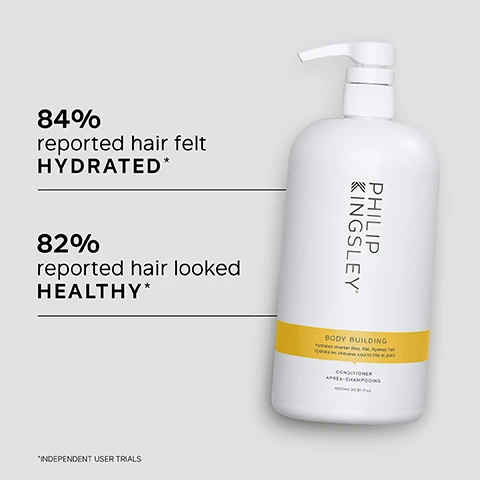 Image 1 - A large white shampoo bottle with a pump dispenser labeled BODY BUILDING is shown alongside statistics indicating that 84% reported hair felt hydrated and 82% reported hair looked healthy.
Image 2 - Image shows a textured white surface with text listing key benefits, which reads: KEY BENEFITS, Ultra-lightweight formula adds moisture without heaviness, Delivers volume, smoothness and shine, Controls flyaways and frizz.
Image 3 - A woman with light brown hair smiles over her shoulder, with text beside her stating a customer review about a hair conditioner that mentions it feels weightless and leaves hair soft and manageable.
Image 4 - An image of a scoop of a creamy white product with text listing key ingredients: HYDROLYZED WHEAT PROTEIN increases hairs ability to retain moisture by reducing porosity and BEHENTRIMONIUM CHLORIDE helps smooth the cuticle, add gloss and detangle.
Image 5 - Image shows the back of a womans head with two sections labeled BEFORE and AFTER; the left section shows uneven, frizzy blonde hair, while the right section displays sleek, smooth, and styled blonde hair.
Image 6 - A woman with wet, shoulder-length hair is shown from behind, accompanied by the text TRICHOLOGIST TIP: After shampooing, gently work into the mid-lengths and ends of the hair, avoiding the roots. Rinse well.