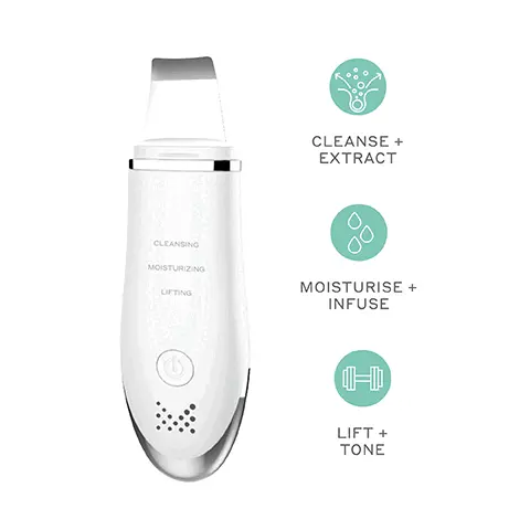 Cleanse and extract. Moisturise and infuse. Lift and tone. Cleansing mode. On wet skin, work the edge of the ScrubUp spatula in Cleansing mode to extract blackheads, grime and excess oil. The ultrasonic waves and positive ion technology create pressure that dislodges the dirt from your pores. Moisturising mode. Apply a nourishing face serum (not included) and use ScrubUp the flat side in Moisturising mode to massage it into the skin. The ultrasonic waves and negative ion technology help the skin to absorb and infuse the product. Lifting mode. Gently lift and tone with ScrubUp in lifting mode. Using a conductive gel or serum (not included) glide the flat side of the spatula in upward strokes. Small pulses of microcurrent stimulate the muscles, encouraging blood flow and collagen production. Ultrasonic High frequency sound waves create pressure to push out grime and excess oil from pores. Negative Ions aid the 'good' stuff by helping the skin to absorb moisture and nutrients. Microcurrent small electrical pulses stimulate the muscles, encouraging blood flow and collagen production. Positive ions attract the 'bad' stuff, working to help cleanse and extract pores.
