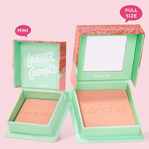 Image 1 - A green and pink opened cosmetic box displays blush powder with the words Laughter is the best Cosmetic inside the lid and peachin embossed on the powder, labeled with mini and full size bubbles.
Image 2 - Three arms with various skin tones showcase a series of horizontal color swatches, which include the names Dandelion, Shellie, Crystal, Sunny, Peachin, Butterfly, Willa, Starlaa, Java, Pompom, Moone, and Terra.
Image 3 - A collection of various colored cosmetic powders arranged in a patchwork layout, with labels that read Silky-soft powder, Ultra-fine, Airbrushed & blurring effect, Blendable & buildable, Satins, shimmers & mattes, and Weightless.
