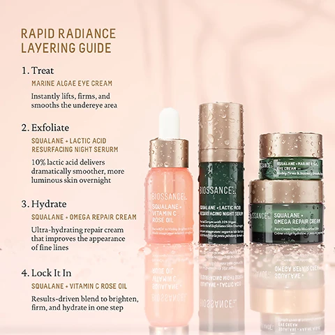 rapid radiance layering guide. 1= treat with marine algae eye cream - instantly lifts, firms and smooths the undereye area. 2 = exfoliate with squalane and lactic acid resurfacing night serum - 10% lactic acid delivers dramatically smoother, more luminous skin overnight. 3 = hydrate with squalane and omega repair cream - ultra hydrating repair cream that improves the appearance of fine lines. 4 = lock it in with squalane and vitamin c rose oil - results driven blend to brighten, firm and hydrate in one step.