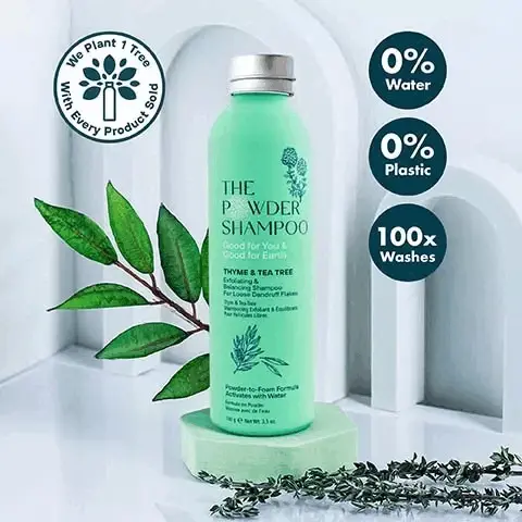Image 1, we plant 1 tree with every product sold. 0% water, 0% plastic, 100 washes. Image 2,Exfoliating & Balancing Shampoo Corn FOR 
LOOSE DANDRUFF FLAKES Licorice Roots Pre + Probiotics Coconut Thyme Tea Tree Papaya Enzyme Rice Protein THE P WDER SHAMPOO Good for You & Good for Earth Image 3, typical shampoo - contains 80% to 90% water, uses lots of water to produce, heavy to transport and store, only 9% of plastic in the world is recycled, used once and thrown, 500 years to decompose, plastic becomes microplastics. vs the powder shampoo and the powder foam wash - contains 0% water, does not use water to produce, light and easy to transport, over 80% of aluminium in the world is recycled, reusable and refillable, easily recycled, does not become micro plastics. Image 4, the powder shampoo, how to use. 1 = wet your palm or hair thoroughly, 2 = pour a sufficient amount on your palm or hair, 3 = lather to activate the foam, 4 = rinse your hair as normal. Image 5, plant power - our products are formulated with 28 botanical extracts and 8 essential oils. plastic free - our packaging contains 0% plastic and all our bottles and refill pouches are 100% recycleable. planet first - we plant one tree for every product sold, our goal is to plant 1 million trees by 2030.