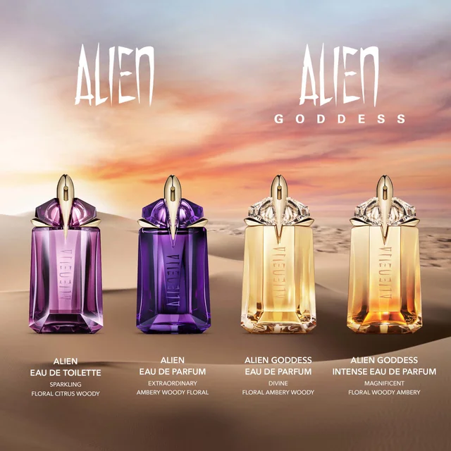 Alien vs Alien Goddwss. Alien eau de toilette = sparkling floral, citrus, woody. Alien eau de parfum extraordinary ambery woody floral. Alien Goddess eau de parfum divine, floral, ambery woody. Alien Goddess intense eau de parfum, magnificent, floral, woody, ambery.