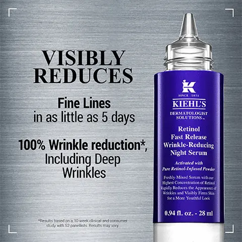 Image 1, Visibly reduces fine lines in as little as 5 days, 100% wrinkle reduction including deep wrinkles, results based on a 10 week clinical and consumer study with 52 panellists, results may vary, Image 2 and 3, 100% showed a reduction in wrinkles, images: before and after to show reduced wrinkles, text: results based on a 10 week clinical and consumer study with 52 panellists, results may vary, results based on a 10 week consumer study with 71 panellists