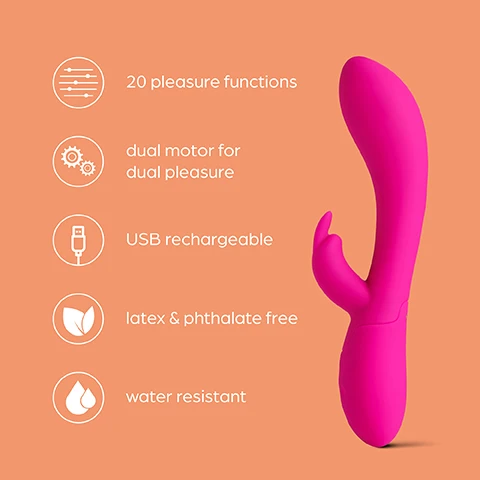 Image 1 - A bright pink vibrator with a curved design, featuring icons and text that highlight its 20 pleasure functions, dual motor for dual pleasure, USB rechargeable battery, latex and phthalate free materials, and water-resistant properties.
Image 2 - A pink dual pleasure vibrator with a curved tip and a clitoral stimulator on the side, set against an orange background, accompanied by text that reads Dual pleasure Enjoy 20 pleasure functions for clitoral and G-spot stimulation.
Image 3 - A bright pink vibrator with a flexible design is shown against an orange background, accompanied by the text Incredibly flexible Angle and flex the internal & external stimulator for G-spot & clitoral satisfaction.
Image 4 - A pink USB rechargeable vibrator is shown with a charging cable connected, and the text reads USB rechargeable. Dont let the pleasure stop, with easy USB recharging...
Image 5 - Image shows a pink vibrating toy with a curved body and a small clitoral stimulator, accompanied by measurement details: 1. The insertable length is 4.5 inches, 2. Widest point: 1.2 inches, 3. Stimulator height: 1.9 inches.
Image 6 - A pink vibrator is shown partially submerged in water, with splashes around it, and text reads Water resistant The vibrator is fully submersible for use in the bath or shower.