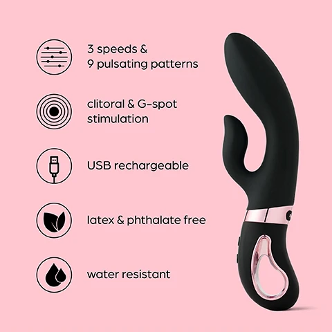 Image 1 - A black vibrator with a curved shape for clitoral and G-spot stimulation, featuring icons indicating its three speeds, nine pulsating patterns, USB rechargeability, and being latex and phthalate free, alongside water resistance.
Image 2 - A black dual-function vibrator with a curved tip for clitoral and G-spot stimulation, set against a pink background with text that reads Dual pleasure Enjoy 12 pleasure functions for clitoral and G-spot stimulation.
Image 3 - A black, flexible sex toy designed for internal and external stimulation is shown against a pink background, with visible text stating Incredibly flexible Angle and flex the internal & external stimulator for G-spot & clitoral satisfaction.
Image 4 - A black USB rechargeable vibrator with a curved design and a silver accent is shown against a pink background, accompanied by the text USB rechargeable Dont let the pleasure stop, with easy USB recharging.
Image 5 - Image of a black dual-action vibrator on a pink background with measurements listed: 1. The insertable length is 5.1 inches, 2. Widest point: 1.3 inches, 3. Stimulator height: 1.9 inches.