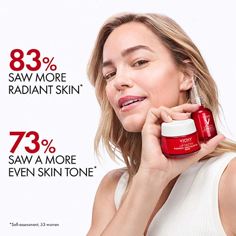 Image 1 - A woman with long, wavy blonde hair is smiling and holding two red Vichy skincare products while displaying her radiant skin, with text stating 83% saw more radiant skin and 73% saw a more even skin tone.
Image 2 - Image shows two cosmetic jars side by side; the left jar is labeled VICHY LIFTACTIV B3 ANTI-DARK SPOTS SPF 50 with the word BEFORE below it, and the right jar is labeled VICHY LIFTACTIV PIGMENT SPECIALIST B3 SPF 50 with the word AFTER below it, with the phrase New look, improved formula above.
Image 3 - An image of a smooth, beige cream spread with text that reads QUICK ABSORPTION & NON-STICKY TEXTURE UP TO 48H HYDRATION* *Instrumental test, 23 subjects.
Image 4 - A close-up image of a red and white jar of Vichy Liftactiv Pigment Specialist B3 cream labeled Hypoallergenic Formula and Designed for Sensitive Skin, with SPF 50 visible on the jar.
Image 5 - An image showing a hand holding a cream with a text overlay that provides instructions on using the product Lifactiv Pigment Specialist B3 SPF 50, stating to apply every morning on dry skin after the dark spots serum and to smooth on gently until thoroughly absorbed, avoiding the eye contour.
Image 6 - Image shows two skincare products from Vichy placed on clear blocks with a white background; the product on the left is a red serum labeled LIFTACTIV PIGMENT SPECIALIST B3 DARK SPOTS SERUM, and the product on the right is a red cream jar with LIFTACTIV PIGMENT SPECIALIST B3 SPF 50 on it, accompanied by the text COMPLETE YOUR ANTI-DARK SPOTS ROUTINE above and step labels STEP 1 BRIGHTEN and STEP 2 CORRECT & PROTECT.