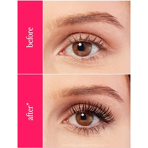 Image 1 - Image shows a side-by-side comparison of an eye before and after applying mascara, with the word before on the top left in pink text and after* on the bottom left in pink text.
Image 2 - A vibrant pink background features a mascara tube labeled wonderFANATIC alongside a molded brush, with text highlighting its benefits such as healthier, stronger lashes and a fan-tastic brush that reaches every last lash.
Image 3 - A woman with long eyelashes holds a mascara wand up to her eye, and the background is pink with the text lash lift in a bottle and Makes my lashes longer and thicker looking, and I like how it fans out the outer corners.
Image 4 - A close-up of a woman with full eyelashes holding a pink mascara tube, with text that says 100% saw more lifted lashes.
Image 5 - A pink mascara tube with a swirl design is placed horizontally next to a black brush, accompanied by text highlighting features including Lashcare Ingredient: Widelash biotin peptide, Brush: grab n lift applicator for fanned out lashes, Instant Effect: fanned, lifted + fluttery, and Long-term Effect: reduced lash fallout.
Image 6 - A black molded mascara brush is centered against a bright pink background, with arrows pointing to it labeled Lift + Lengthen and Separate + Define, and the text FAN-TASTIC GRAB N LIFT MOLDED BRUSH above.