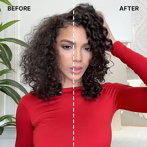 Image 1 - A woman with curly hair is split down the middle by a dashed line, showing the before and after states of her hair, with frizzy hair on the left and well-defined, shiny curls on the right, along with the text BEFORE AFTER. Image 2 - A young woman with dark curly hair shows a before and after comparison, with the left side appearing less voluminous and the right side more voluminous and defined, with the words BEFORE and AFTER at the top of the image. Image 3 - A hand holds a white pump bottle of CURL WOW curl FLO-ETRY Vital Natural Serum that mimics natural oils for optimal moisture and moisturizes strands from roots to ends, 295 ml e 10 fl oz, with surrounding text highlighting benefits including Replaces natural oil, Intense moisture, Plumps + defrizzes, Silky s-curves, and Jojoba, Pequi + Coconut Oils x Profaxil-18 Complex.