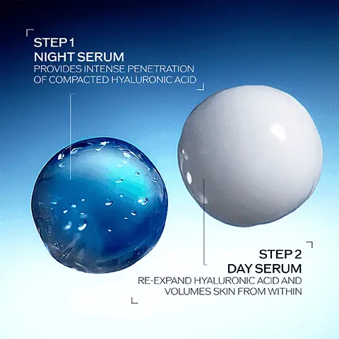 Step 1 night serum, provides intense penetration of compacted hyaluronic acid. Step 2 day serum re-expand hyaluronic acid and volumes skin from within. Bio performance skin filler serum. 80% deep wrinkles are less visible in one day. Before, After. Consumer test on 110 women. Refill your 2 serums. 74% plastic waste reduced. 20% plant derived bottle, compared to a regular product without cap.