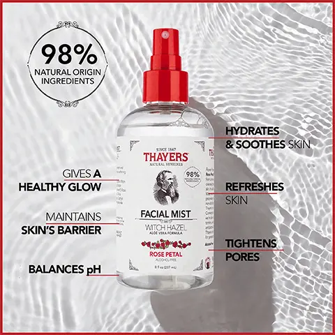 Image 1, 98% natural origin ingredients. Hydrates and smoothes skin, gives a healthy glow, maintains skin barrier, balances PH, prepares skin for makeup and tightens pores. Image 2, Apply by misting anytime throughout the day to refresh and soften the skin. Image 3, after one week of use: skin looks glowy and pores reduced all day hydration. Image 4, Effective on all skin tone and all skin types.